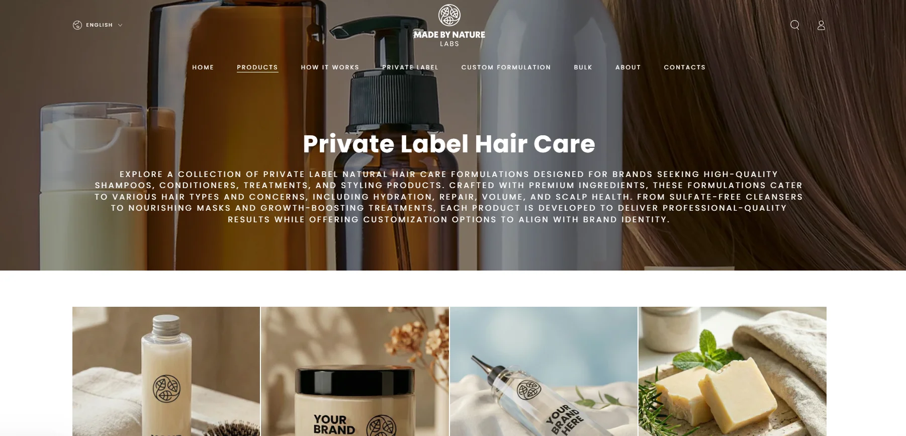 Homepage showcasing private label hair care products with shampoo bottles and text about natural formulations.